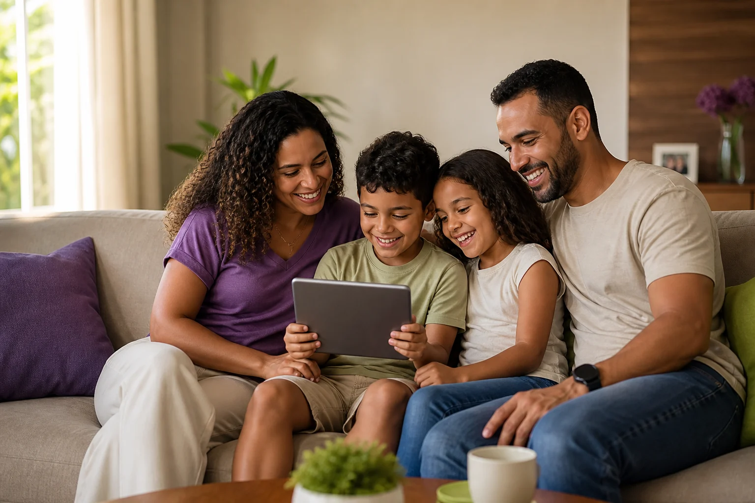 Família reunida e feliz usando um tablet em casa